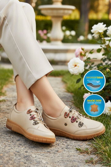 حذاء نسائي كاجوال من الجلد الطبيعي باللون البيج 401 Z