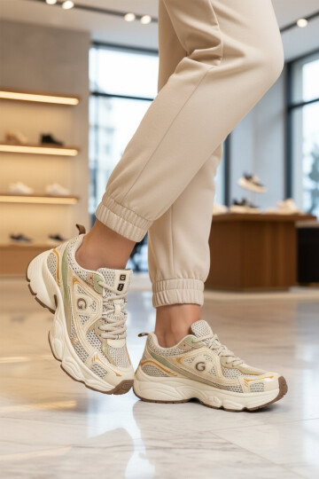 Bej Fileli Hava Alabilen Kalın Rahat Tabanlı Bağcıklı Kadın Yürüyüş ve Spor Ayakkabı Sneaker 26Y353