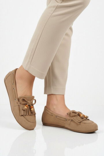 Bej Süet Hafif Esnek Kadın Babet Ayakkabı 572488 Z