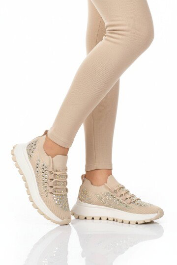 Bej Fileli Hafif Taş İşlemeli Kadın Casual Ayakkabı 451161 Z