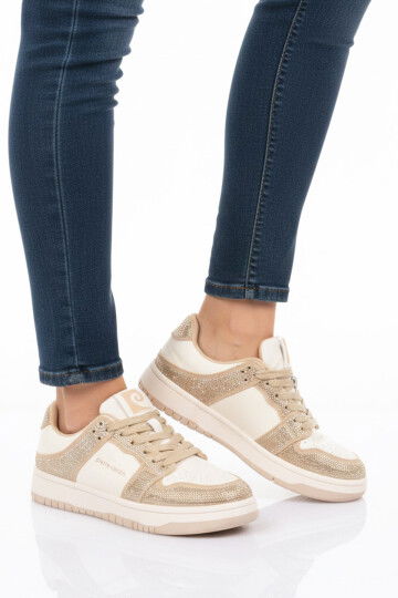 Beyaz Bej Bağcıklı Taş İşlemeli Hafif Kadın Sneaker PCI-11505 G