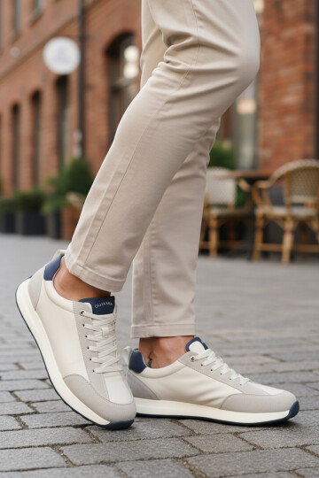 Beyaz Bağcıklı Rahat Kaymaz Tabanlı Erkek Casual Yürüyüş Ayakkabı Sneaker 26Y516