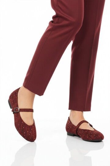 Bordo Hafif Esnek Taş İşlemeli Kadın Babet Ayakkabı 666158 Z