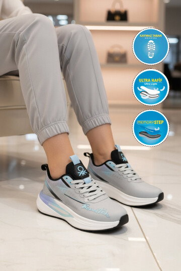 Gri Fileli Hafif Hafızalı Taban Kadın Spor Ayakkabı BNI-11496 G