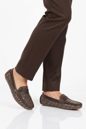 Kahve Geniş Kalıp Taş İşlemeli Hafif Esnek Kadın Babet 302122 Z