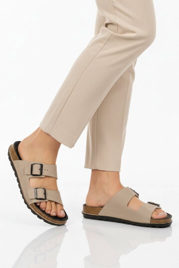 Krem Hafif Çift Bantlı Kadın Günlük Terlik PC-7428 Z