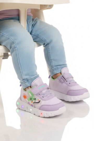 Lila Cırtlı Işıklı Fileli Hafif Bebek Spor Ayakkabı 1015 B