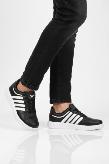 Siyah Beyaz Hafif Bağcıklı Erkek Spor Ayakkabı Pori 2079 M