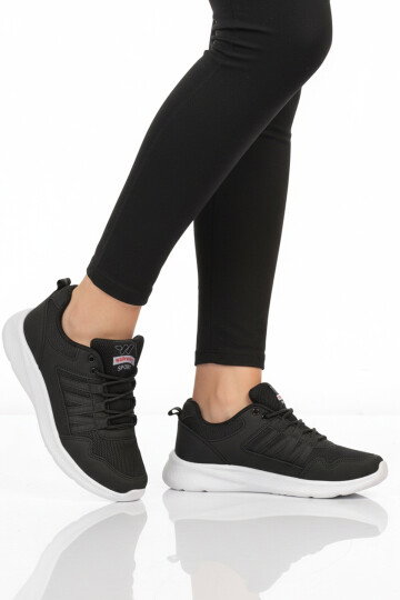 Siyah Beyaz Fileli Hafif Bağcıklı Unisex Spor Ayakkabı 2029 G