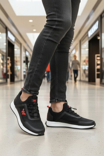 Siyah Kırmızı Kilit Bağcıklı Hafif Esnek Erkek Spor Ayakkabı Apollo 166 M