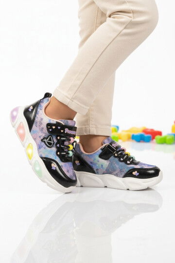 Siyah Cırtlı Işıklı Hafif Kız Çocuk Spor Ayakkabı 1998 P