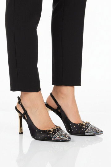 Siyah Saten Taşlı İşlemeli İnce Uzun Topuklu Kadın Abiye Ayakkabı 298248 Z
