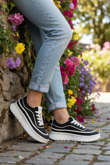 Siyah Bağcıklı Kalın Rahat Tabanlı Casual Yürüyüş Ayakkabı Sneaker 26Y373