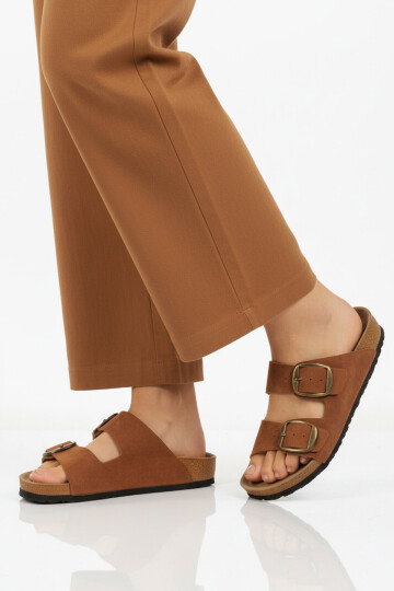 Taba Çift Bantlı Kadın Hafif Günlük Terlik PC-7551 Z