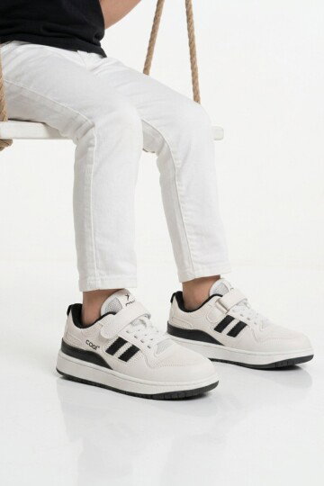 Beyaz Siyah Fileli Hafif Cırtlı Unisex Çocuk Spor Ayakkabı Stella F