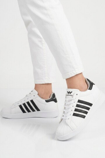 Beyaz Siyah Bağcıklı Cilt Hafif Unisex Spor Ayakkabı Senti G