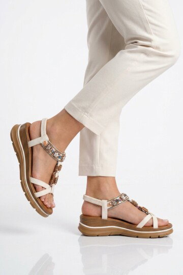 Beyaz Hakiki Deri Taş İşlemeli Kadın Sandalet B481 Z