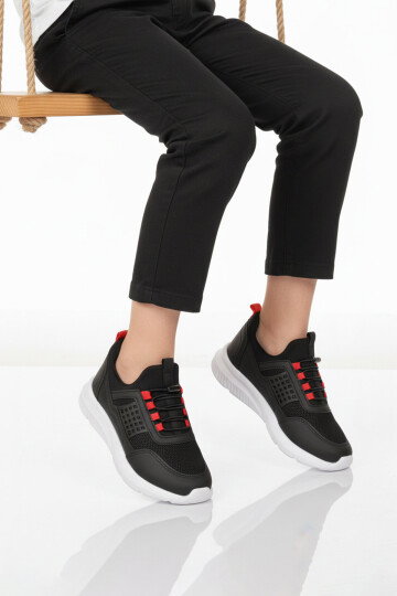 Siyah Beyaz Fileli Hafif Esnek Unisex Çocuk Spor Ayakkabı Motano F