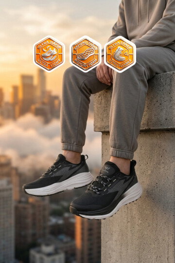 Siyah Beyaz Fileli Hafif Esnek Hafızalı Taban Erkek Spor Ayakkabı Flexion M