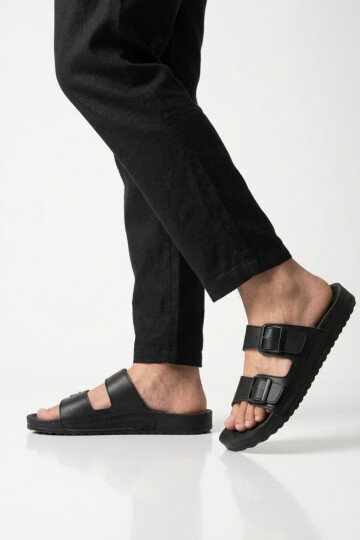 Siyah Hakiki Deri Çift Bantlı Yumuşak Taban Erkek Terlik 8422 M