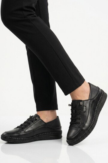 Siyah Hakiki Deri Anatomik Kadın Casual Ayakkabı Z536 Z