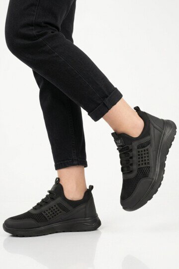 Siyah Fileli Hafif Esnek Kilit Bağcıklı Unisex Spor Ayakkabı Motano G