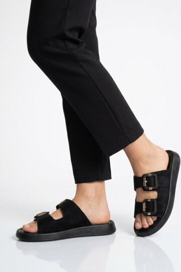 Siyah Süet Çift Bantlı Hafif Kadın Terlik 513089 Z