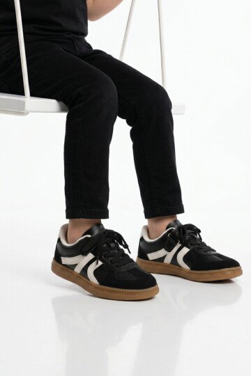 Siyah Cırtlı Bağcıklı Unisex Çocuk Spor Ayakkabı Berry F