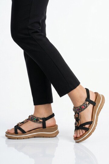 Siyah Hakiki Deri Taş İşlemeli Kadın Sandalet B481 Z