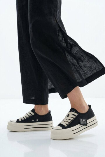 Siyah Keten Hafif Bağcıklı Kadın Casual Ayakkabı 2011 G