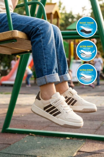 Beyaz-Kahve Cırt Bantlı Erkek Çocuk Yürüyüş ve Spor Ayakkabı Sneaker 752 F