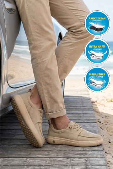 Bej Memory Foam Taban Hafif Rahat Bağcıklı Erkek Casual Ayakkabı Wood