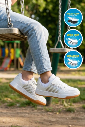 Beyaz-Gümüş Cırt Bantlı Erkek Çocuk Yürüyüş ve Spor Ayakkabı Sneaker 752 F