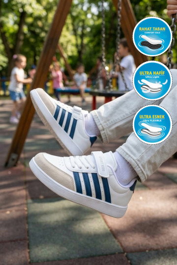 Beyaz-İndigo Cırt Bantlı Erkek Çocuk Yürüyüş ve Spor Ayakkabı Sneaker 754 F