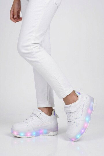 Beyaz Cırtlı Ortopedik Işıklı Unisex Çocuk Patenli Spor Ayakkabı Glow F