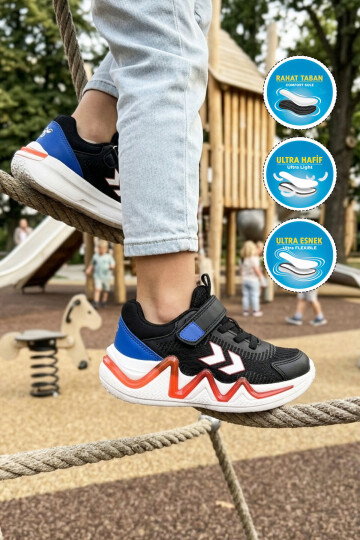 Siyah-Mavi Fileli Hafif Esnek Çocuk Yürüyüş ve Spor Ayakkabı Sneaker 900888 HML ORIO JR