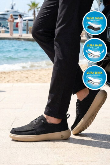 Siyah Memory Foam Taban Hafif Rahat Bağcıklı Erkek Casual Ayakkabı Wood