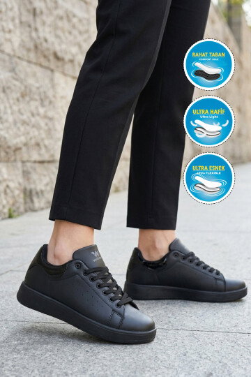 Siyah Bağcıklı Hafif Unisex Cilt Spor Ayakkabı Costa G