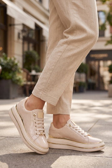 Bej Cilt Kalın Rahat Tabanlı Bağcıklı Kadın Casual Yürüyüş Ayakkabı Sneaker 431173 