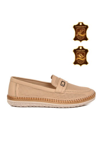 Bej Geniş Kalıp Hakiki Deri Hafızalı Rahat Taban Kadın Casual Ayakkabı Loafer Z142 Z