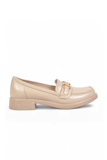 Bej Parlak Tokalı Şık Rahat Loafer Kadın Klasik Casual Ayakkabı PC-56064 