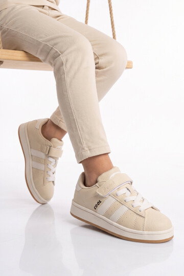 Bej Cırt Bantlı Unisex Çocuk Yürüyüş ve Spor Ayakkabı Sneaker Coop F