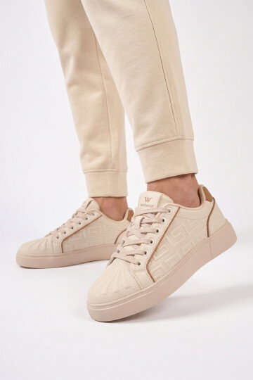 Bej Bağcıklı Kalın Tabanlı Rahat Şık Unisex Casual Yürüyüş ve Spor Ayakkabı Sneaker 26201 G