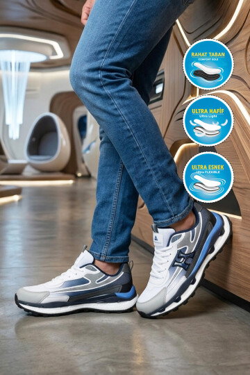 Beyaz Ortopedik Memory Foam Fileli Kalın Taban Erkek Yürüyüş ve Spor Ayakkabı Sneaker 2493