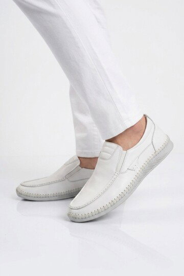 Erkek Beyaz Hakiki Deri Hafızalı Rahat Taban Şık Smart Casual Ayakkabı Loafer M741 M