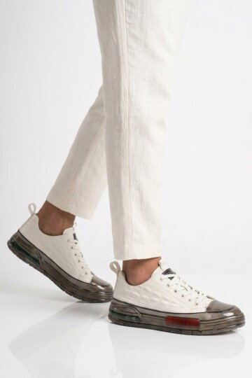 Beyaz Hakiki Deri Kroko Desenli Kalın Taban Erkek Casual Ayakkabı Sneaker E058 M