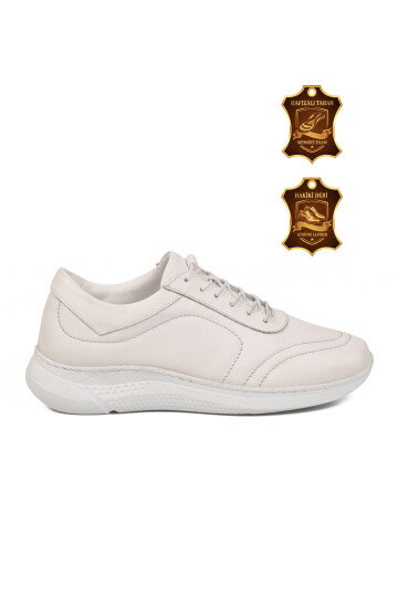Beyaz Hakiki Deri Hafızalı Taban Lastik Bağcıklı Kadın Casual Ayakkabı Sneaker 8439 Z