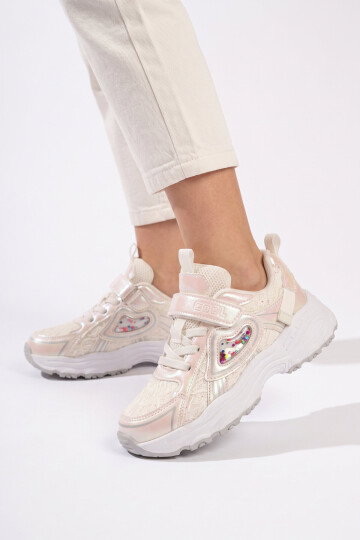 Beyaz Cırtlı Bağcıklı Kalın Tabanlı Kız Çocuk Spor Ayakkabı Sneaker Sımba
