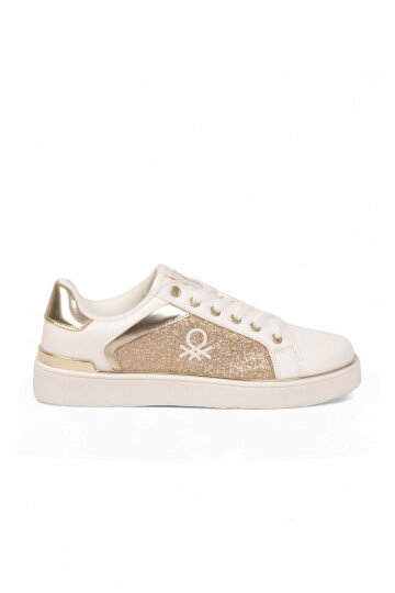 Parlak Simli Bağcıklı Kalın Taban Beyaz Kadın Casual Yürüyüş Ayakkabı Sneaker BNI-12123