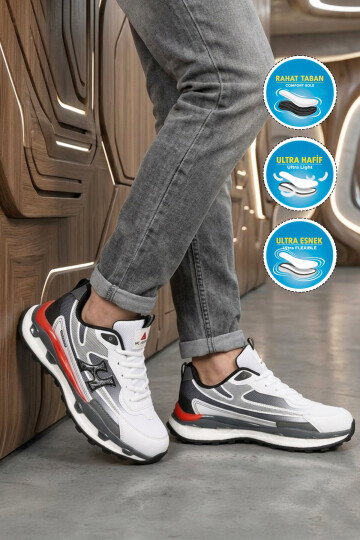 Beyaz-Siyah Ortopedik Memory Foam Fileli Kalın Taban Erkek Yürüyüş ve Spor Ayakkabı Sneaker 2493